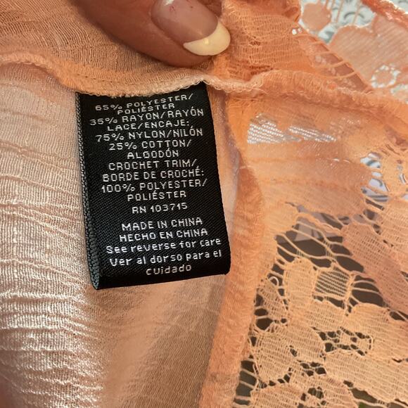 Zac & Rachel Peach Crochet Trim Semi Sheer Boho/Peasant Top Sz M - Picture 6 of 8